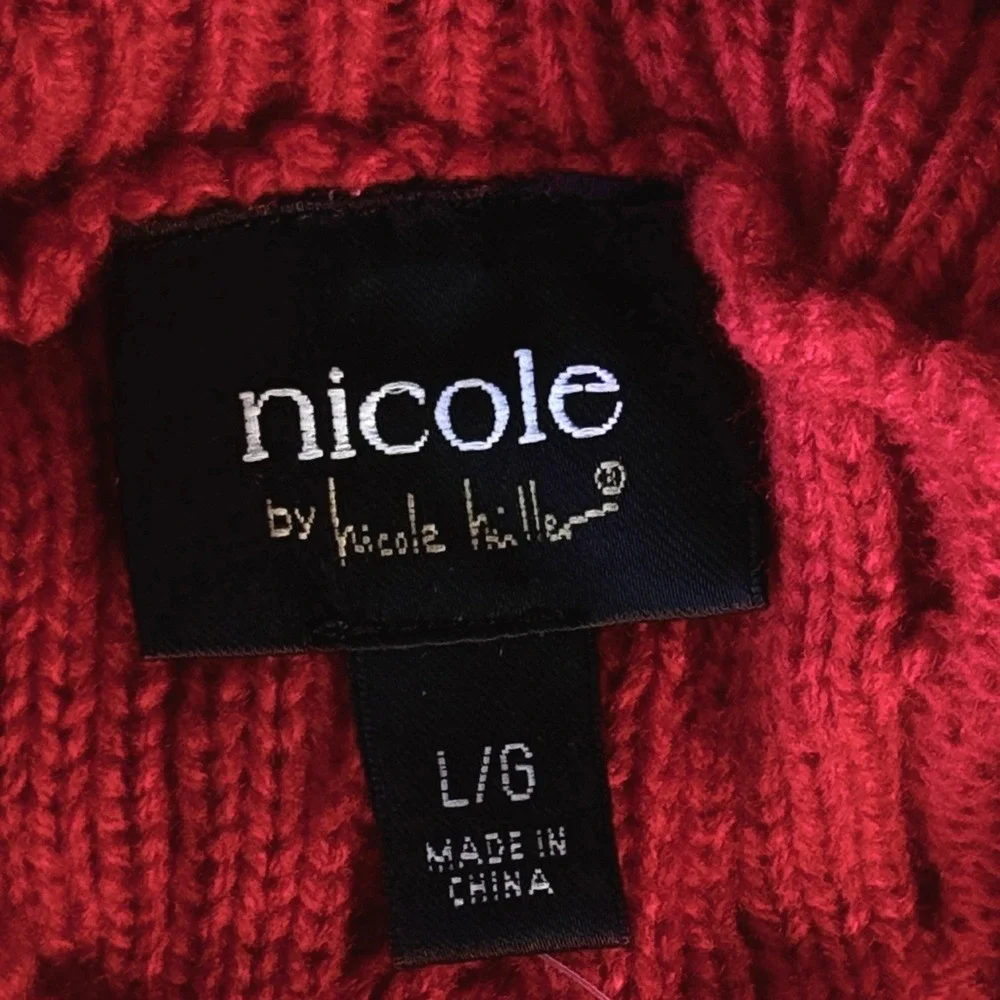 Nicole Miller Womens Red Cable‎ Knit Cowl Turtleneck Sweater L Oversized Hipster